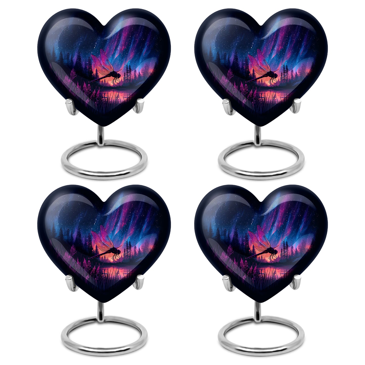 Indigo Dragonfly Cremation Urn angled view of lid and engraved motif - heart-shaped dragonfly design symbolizing eternal love - 10 inch aluminum urn for cremated remains