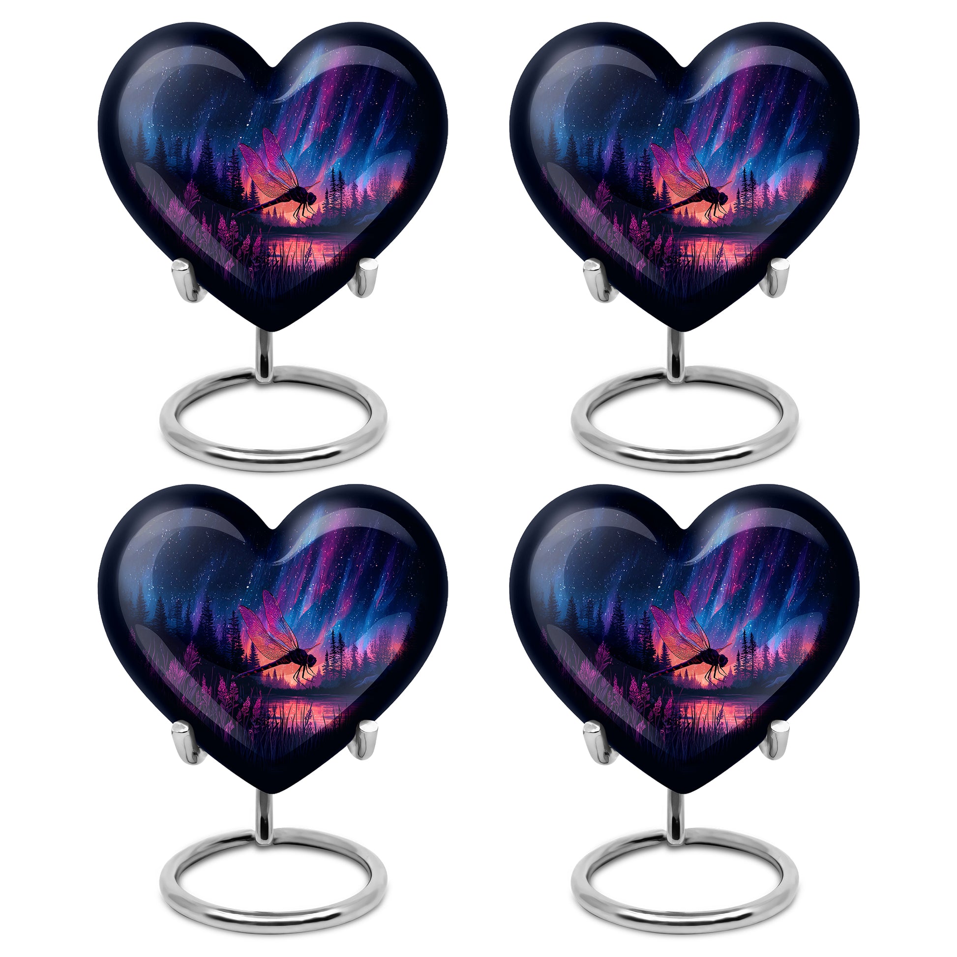 Indigo Dragonfly Cremation Urn angled view of lid and engraved motif - heart-shaped dragonfly design symbolizing eternal love - 10 inch aluminum urn for cremated remains