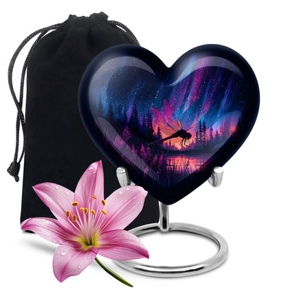 Steel Blue Dragonfly Cremation Urn detail view - romantic heart urn with dragonfly motif on aluminum - full-size 10 inch 200 cubic inch adult cremation urn
