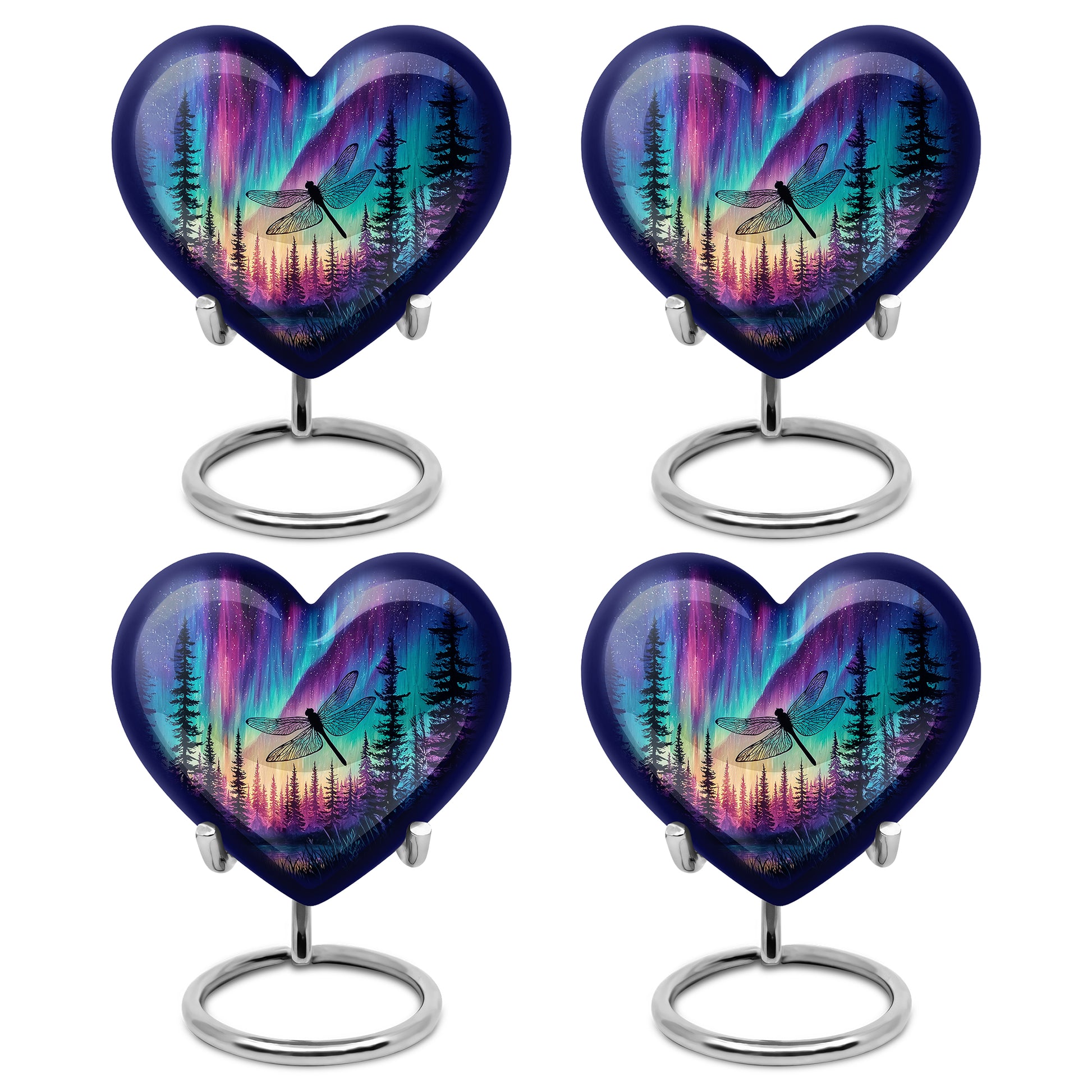 Calming Blue Dragonfly Cremation Urn angled view of lid and engraved motif - romantic heart urn with dragonfly motif on aluminum - 10 inch aluminum urn for cremated remains