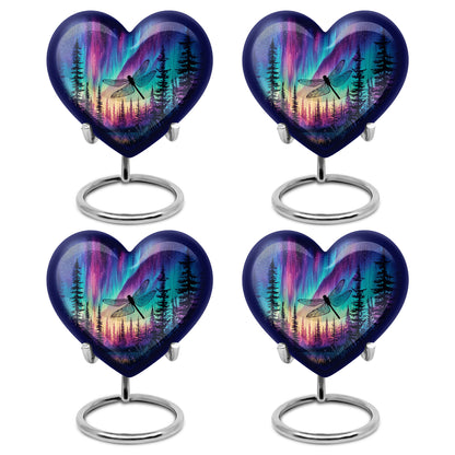 Calming Blue Dragonfly Cremation Urn angled view of lid and engraved motif - romantic heart urn with dragonfly motif on aluminum - 10 inch aluminum urn for cremated remains