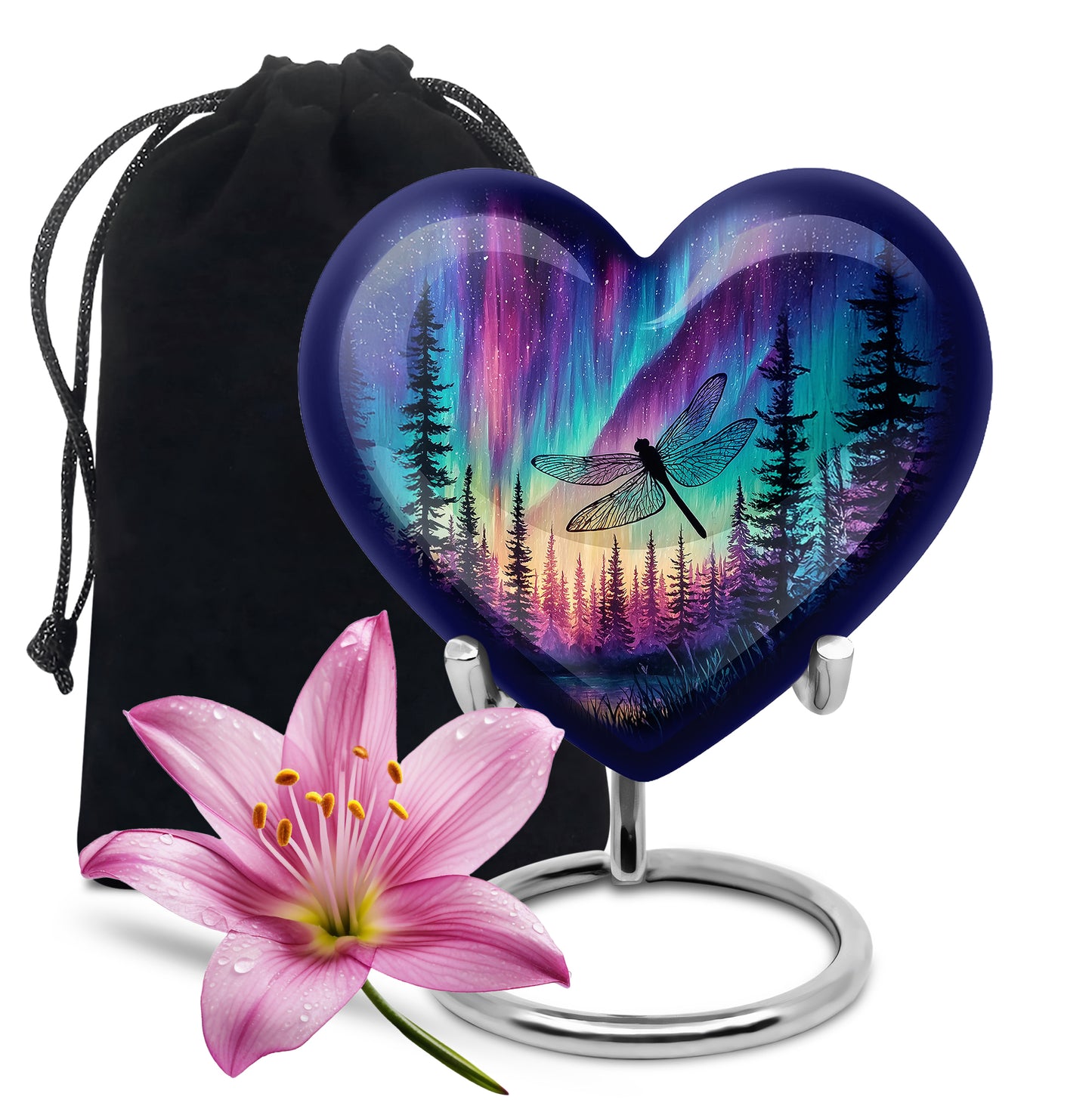 Steel Blue Dragonfly Cremation Urn detail view - compassionate heart-dragonfly combination with gentle curves - full-size 10 inch 200 cubic inch adult cremation urn