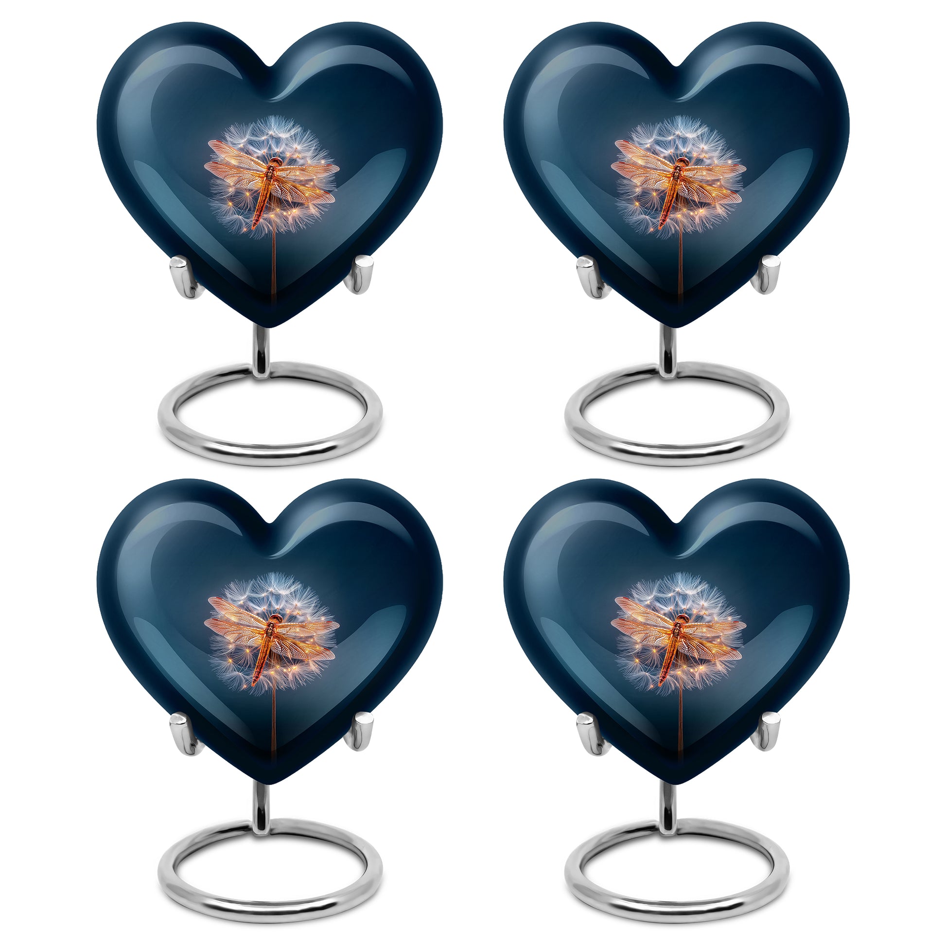 Soft Blue Dragonfly Cremation Urn angled view of lid and engraved motif - romantic heart urn with dragonfly motif on aluminum - 10 inch aluminum urn for cremated remains