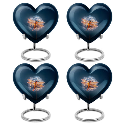 Soft Blue Dragonfly Cremation Urn angled view of lid and engraved motif - romantic heart urn with dragonfly motif on aluminum - 10 inch aluminum urn for cremated remains