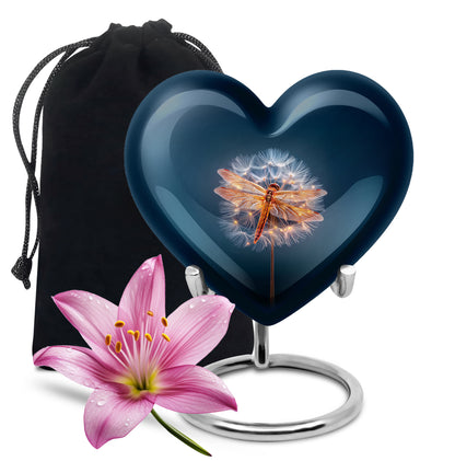 Pastel Blue Dragonfly Cremation Urn detail view - loving heart memorial featuring dragonfly pattern - full-size 10 inch 200 cubic inch adult cremation urn