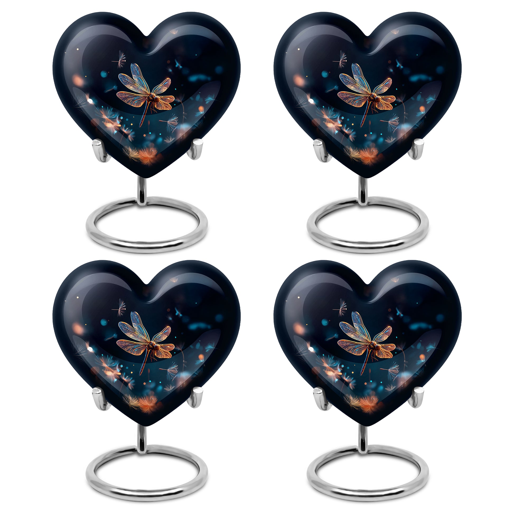Dusty Blue Dragonfly Cremation Urn angled view of lid and engraved motif - heart-shaped dragonfly design symbolizing eternal love - 10 inch aluminum urn for cremated remains