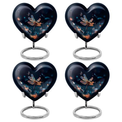 Dusty Blue Dragonfly Cremation Urn angled view of lid and engraved motif - heart-shaped dragonfly design symbolizing eternal love - 10 inch aluminum urn for cremated remains