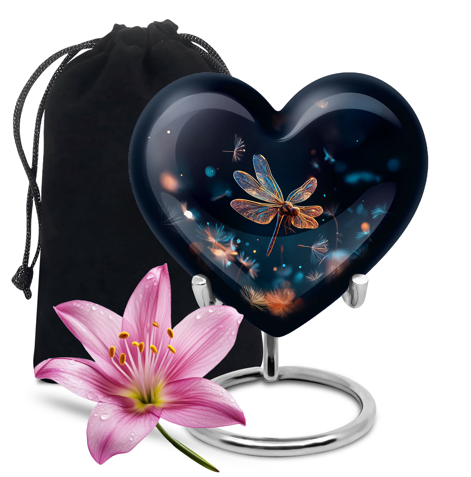 Icy Blue Dragonfly Cremation Urn detail view - heart-shaped dragonfly design symbolizing eternal love - full-size 10 inch 200 cubic inch adult cremation urn