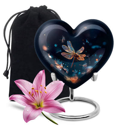 Icy Blue Dragonfly Cremation Urn detail view - heart-shaped dragonfly design symbolizing eternal love - full-size 10 inch 200 cubic inch adult cremation urn