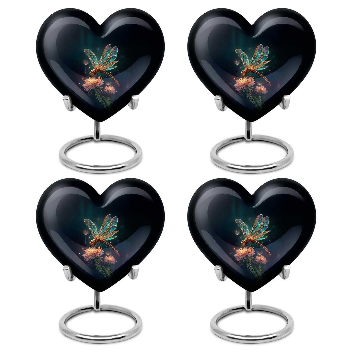Royal Blue Dragonfly Cremation Urn angled view of lid and engraved motif - romantic heart urn with dragonfly motif on aluminum - 10 inch aluminum urn for cremated remains