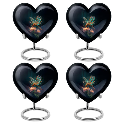 Royal Blue Dragonfly Cremation Urn angled view of lid and engraved motif - romantic heart urn with dragonfly motif on aluminum - 10 inch aluminum urn for cremated remains