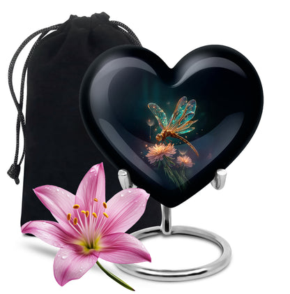 Slate Blue Dragonfly Cremation Urn detail view - heart-shaped dragonfly design symbolizing eternal love - full-size 10 inch 200 cubic inch adult cremation urn
