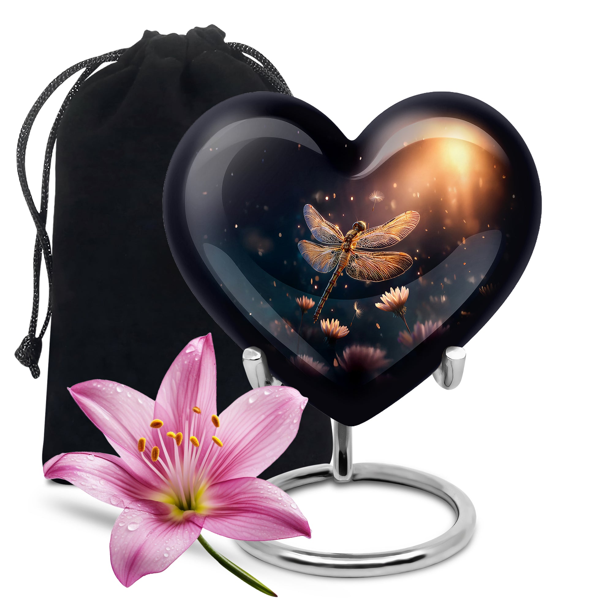 Sapphire Blue Dragonfly Cremation Urn detail view - compassionate heart-dragonfly combination with gentle curves - full-size 10 inch 200 cubic inch adult cremation urn