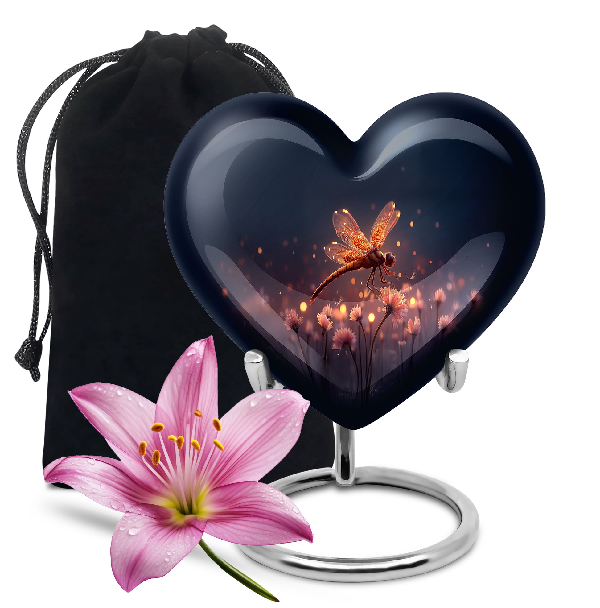 Azure Dragonfly Cremation Urn detail view - heart-shaped dragonfly design symbolizing eternal love - full-size 10 inch 200 cubic inch adult cremation urn