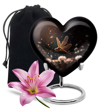 Dark Black Dragonfly Cremation Urn detail view - compassionate heart-dragonfly combination with gentle curves - full-size 10 inch 200 cubic inch adult cremation urn