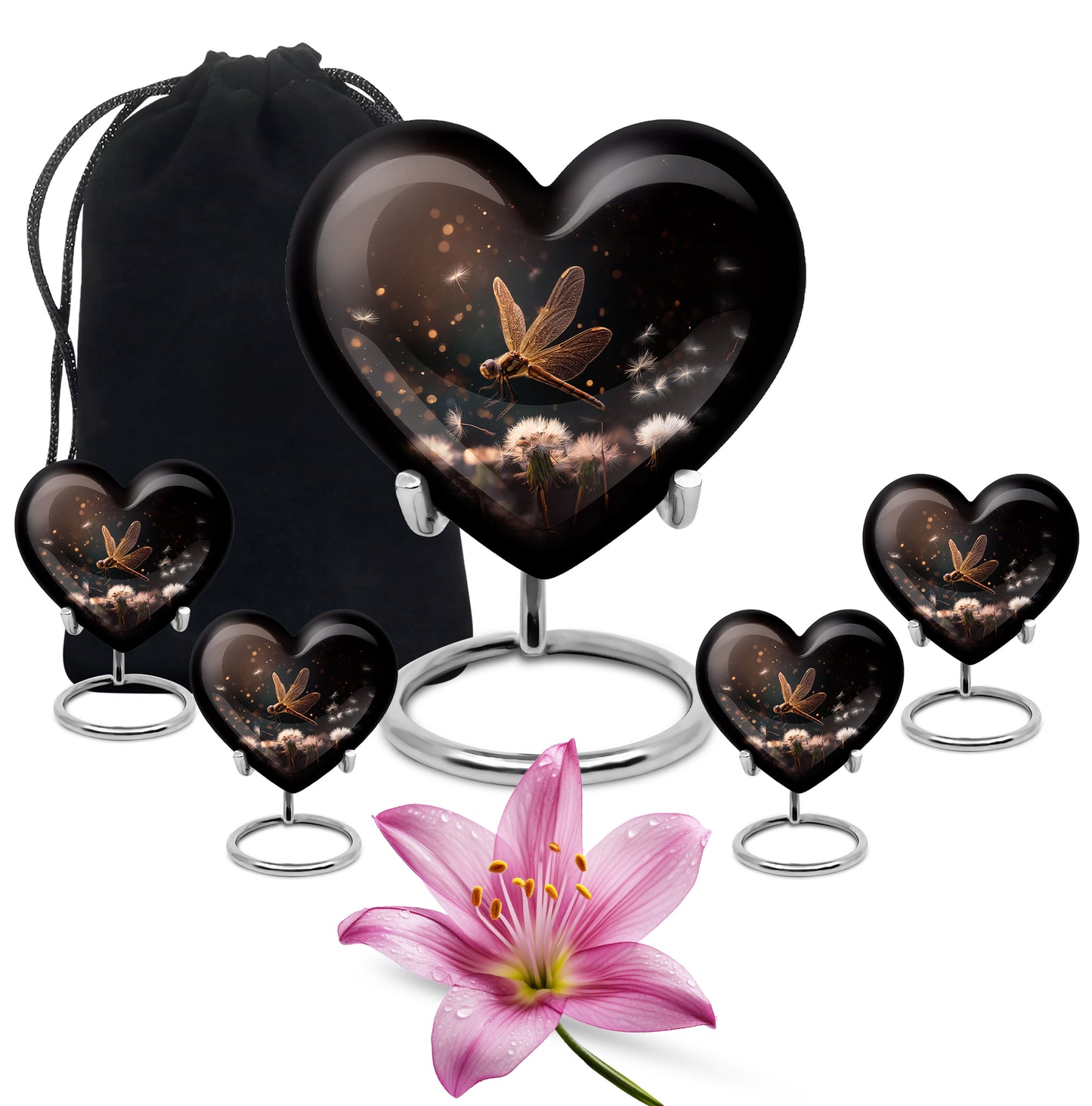 Ebony Dragonfly Cremation Urn close-up of engraving and surface detail - heart-shaped dragonfly design symbolizing eternal love - memorial set with one large and four small urns