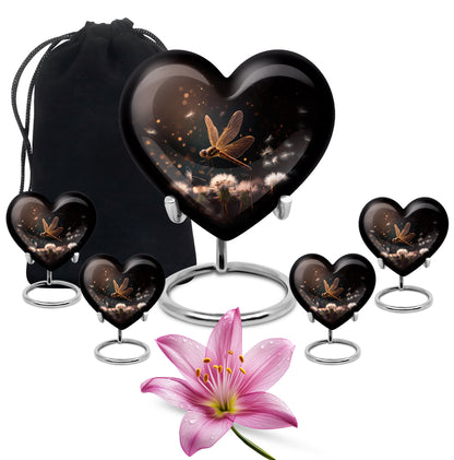 Ebony Dragonfly Cremation Urn close-up of engraving and surface detail - heart-shaped dragonfly design symbolizing eternal love - memorial set with one large and four small urns