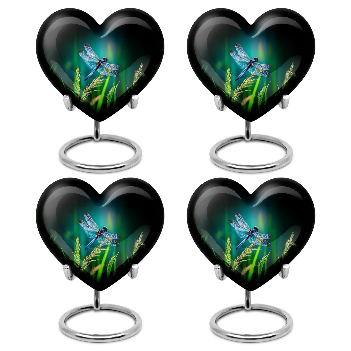 Aqua Teal Dragonfly Cremation Urn angled view of lid and engraved motif - romantic heart urn with dragonfly motif on aluminum - 10 inch aluminum urn for cremated remains