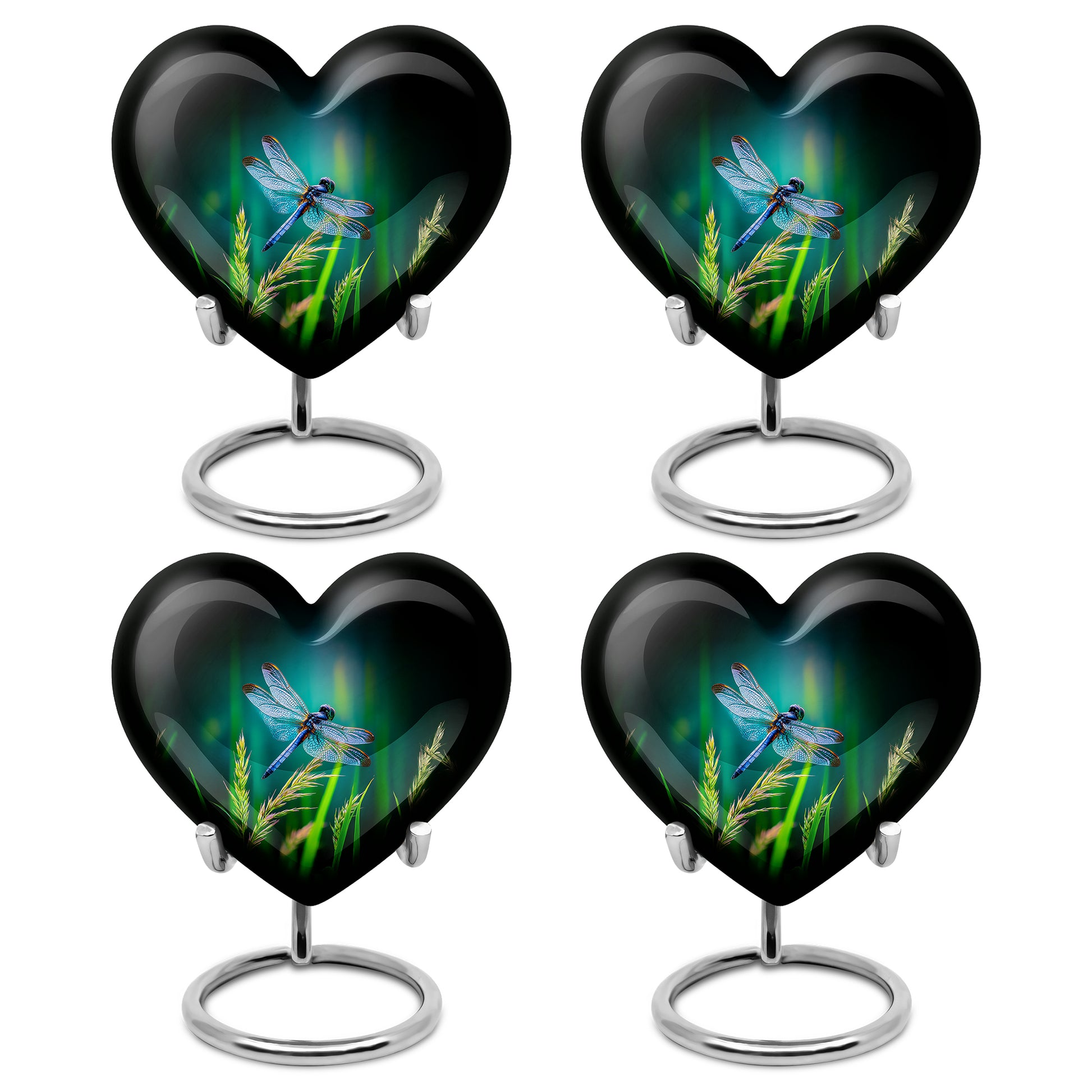 Aqua Teal Dragonfly Cremation Urn angled view of lid and engraved motif - romantic heart urn with dragonfly motif on aluminum - 10 inch aluminum urn for cremated remains