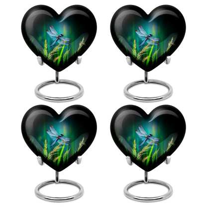 Aqua Teal Dragonfly Cremation Urn angled view of lid and engraved motif - romantic heart urn with dragonfly motif on aluminum - 10 inch aluminum urn for cremated remains
