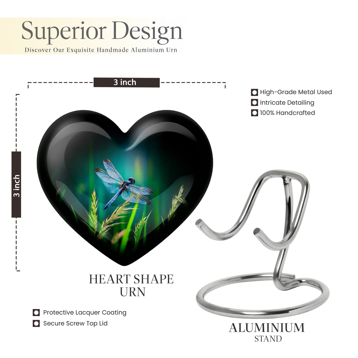 Tropical Teal Dragonfly Cremation Urn front view showing detailed design - compassionate heart-dragonfly combination with gentle curves - mini keepsake memorial for portion of cremation ashes