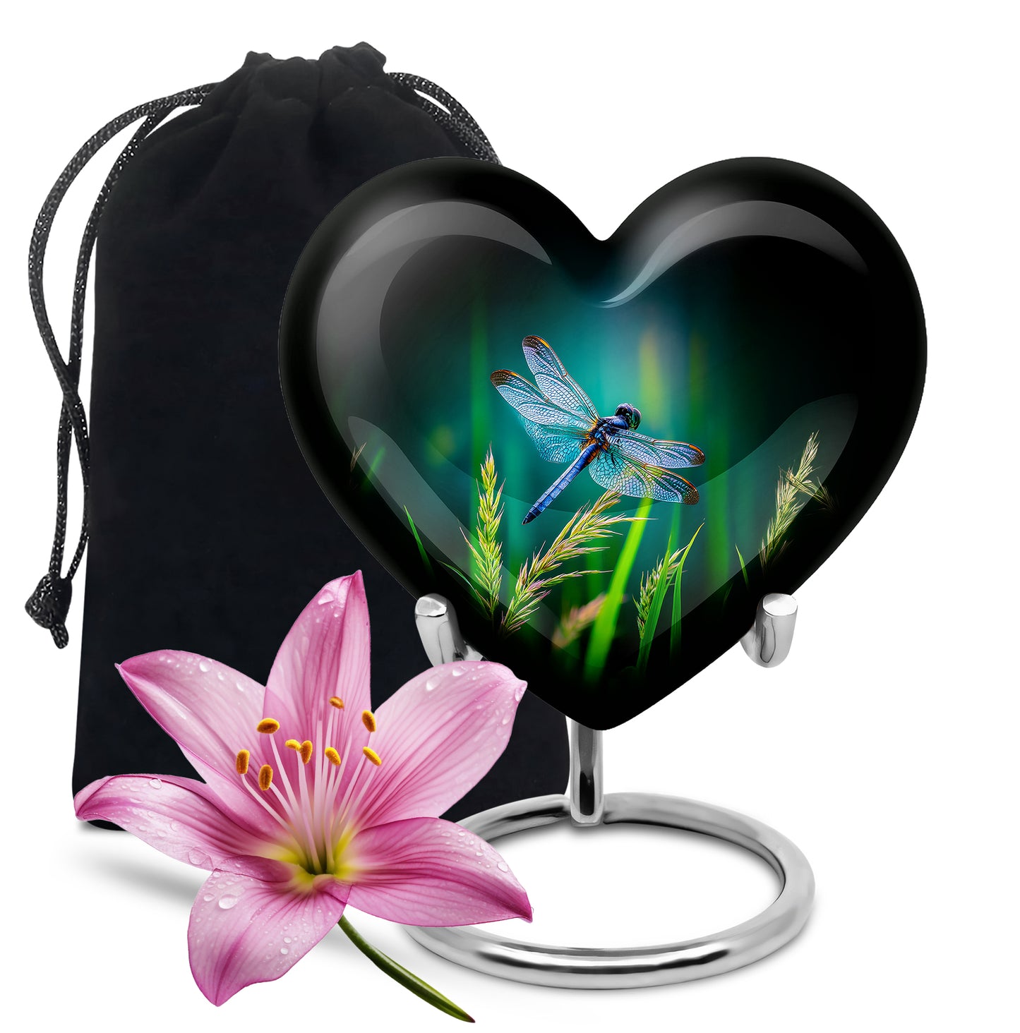 Jewel Teal Dragonfly Cremation Urn detail view - heart-shaped dragonfly design symbolizing eternal love - full-size 10 inch 200 cubic inch adult cremation urn