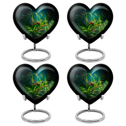 Ebony Dragonfly Cremation Urn angled view of lid and engraved motif - heart-shaped dragonfly design symbolizing eternal love - 10 inch aluminum urn for cremated remains