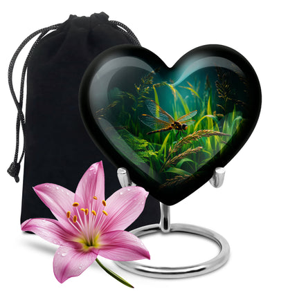 Dark Black Dragonfly Cremation Urn detail view - compassionate heart-dragonfly combination with gentle curves - full-size 10 inch 200 cubic inch adult cremation urn