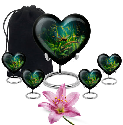 Rich Black Dragonfly Cremation Urn close-up of engraving and surface detail - loving heart memorial featuring dragonfly pattern - memorial set with one large and four small urns