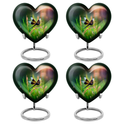 Ocean Teal Dragonfly Cremation Urn angled view of lid and engraved motif - heart-shaped dragonfly design symbolizing eternal love - 10 inch aluminum urn for cremated remains