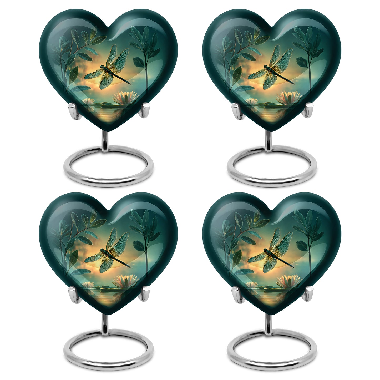 Deep Teal Dragonfly Cremation Urn angled view of lid and engraved motif - compassionate heart-dragonfly combination with gentle curves - 10 inch aluminum urn for cremated remains