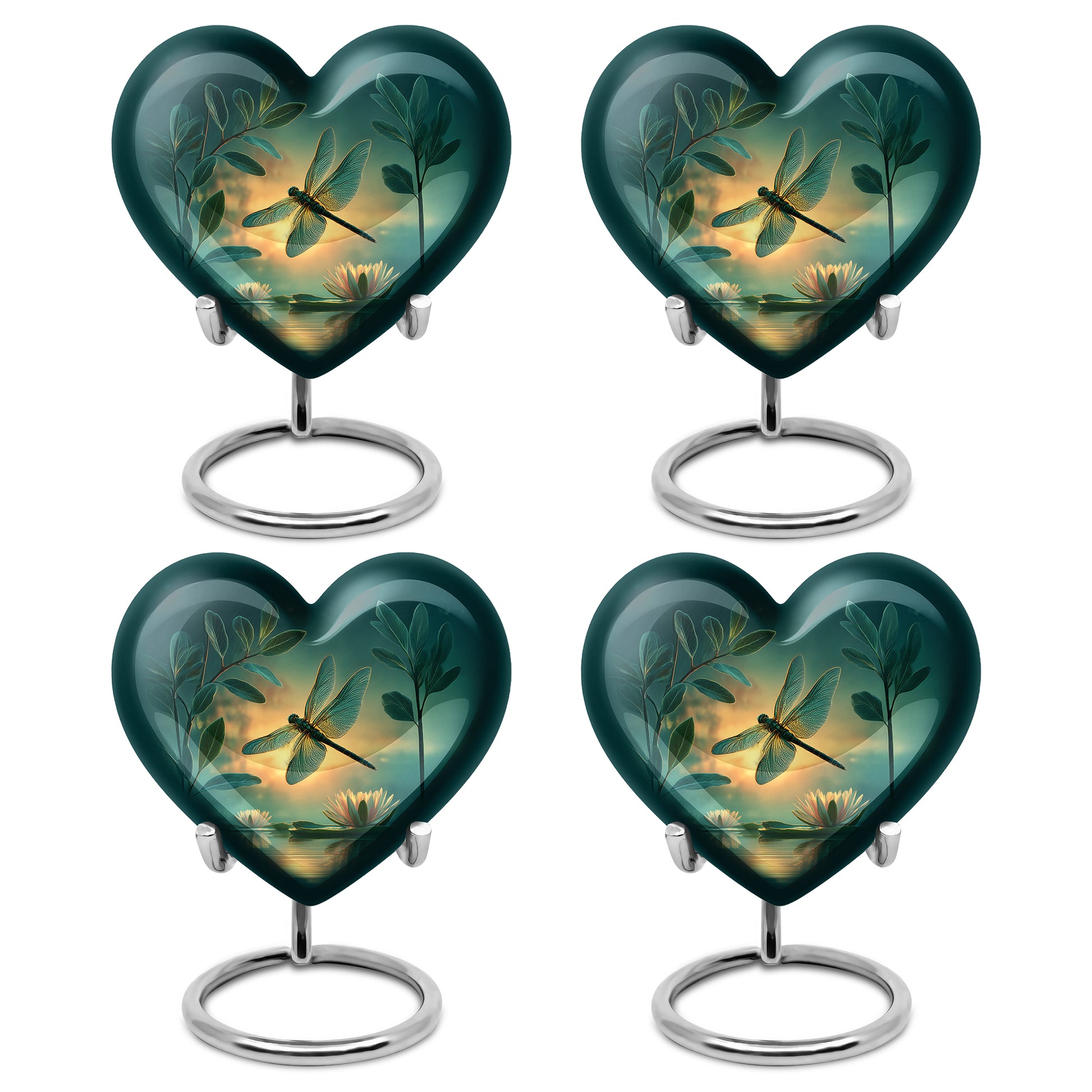 Deep Teal Dragonfly Cremation Urn angled view of lid and engraved motif - compassionate heart-dragonfly combination with gentle curves - 10 inch aluminum urn for cremated remains