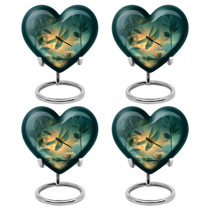 Deep Teal Dragonfly Cremation Urn angled view of lid and engraved motif - compassionate heart-dragonfly combination with gentle curves - 10 inch aluminum urn for cremated remains