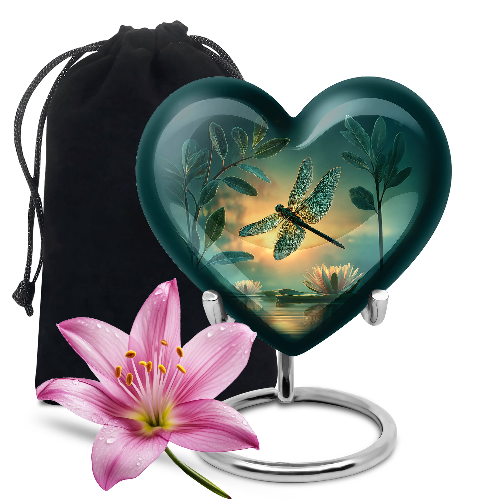 Soft Teal Dragonfly Cremation Urn detail view - loving heart memorial featuring dragonfly pattern - full-size 10 inch 200 cubic inch adult cremation urn