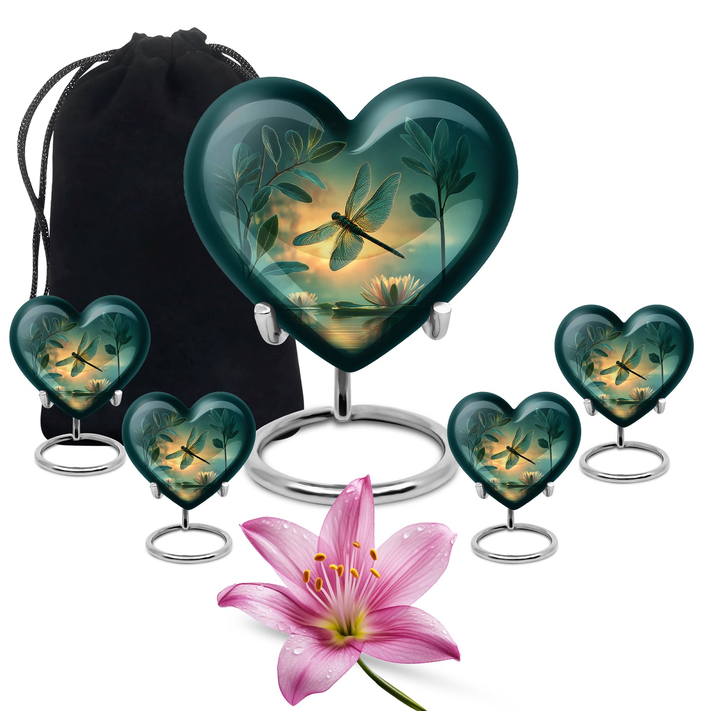 Cool Teal Dragonfly Cremation Urn close-up of engraving and surface detail - heart-shaped dragonfly design symbolizing eternal love - memorial set with one large and four small urns