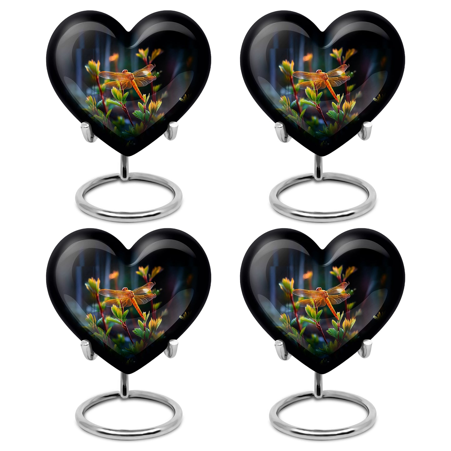 Deep Black Dragonfly Cremation Urn angled view of lid and engraved motif - loving heart memorial featuring dragonfly pattern - 10 inch aluminum urn for cremated remains