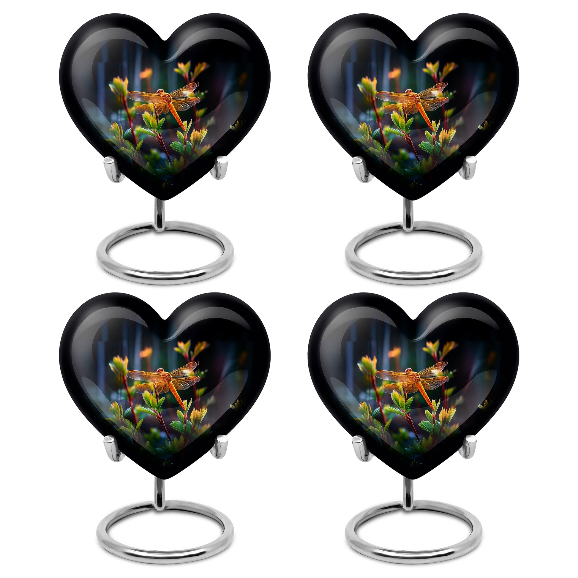 Deep Black Dragonfly Cremation Urn angled view of lid and engraved motif - loving heart memorial featuring dragonfly pattern - 10 inch aluminum urn for cremated remains