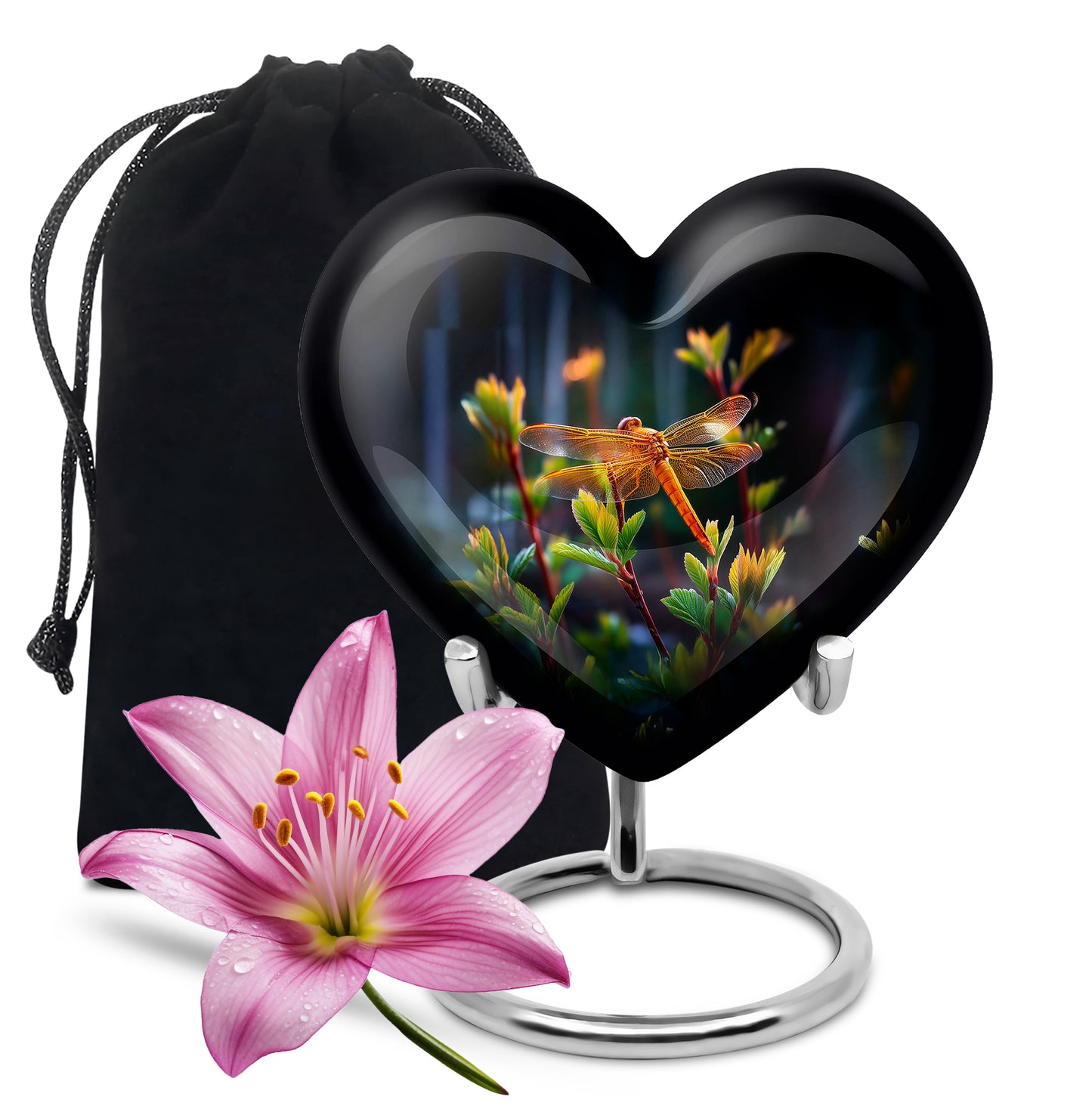 Rich Black Dragonfly Cremation Urn detail view - loving heart memorial featuring dragonfly pattern - full-size 10 inch 200 cubic inch adult cremation urn