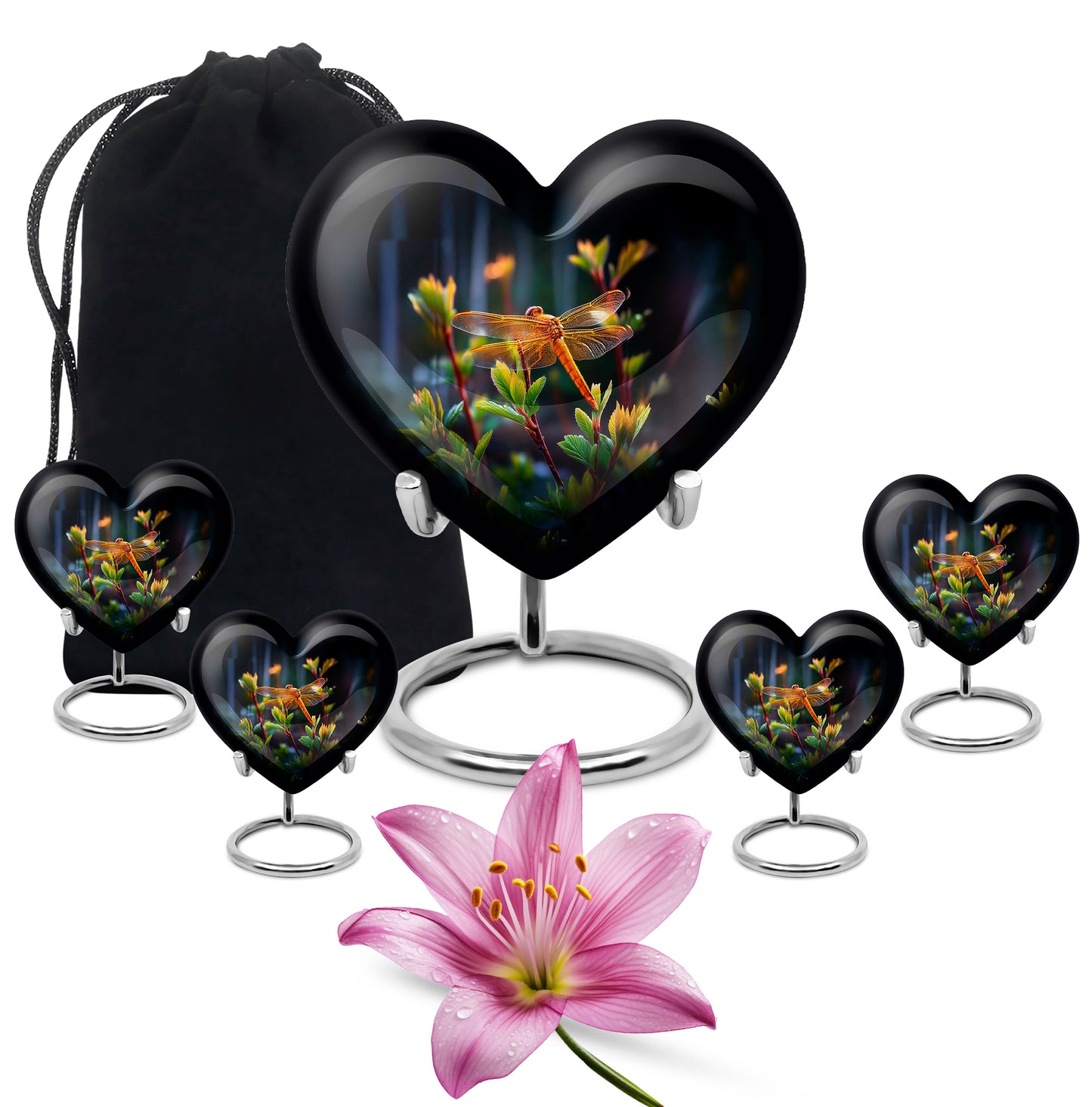 Deep Black Dragonfly Cremation Urn close-up of engraving and surface detail - loving heart memorial featuring dragonfly pattern - memorial set with one large and four small urns