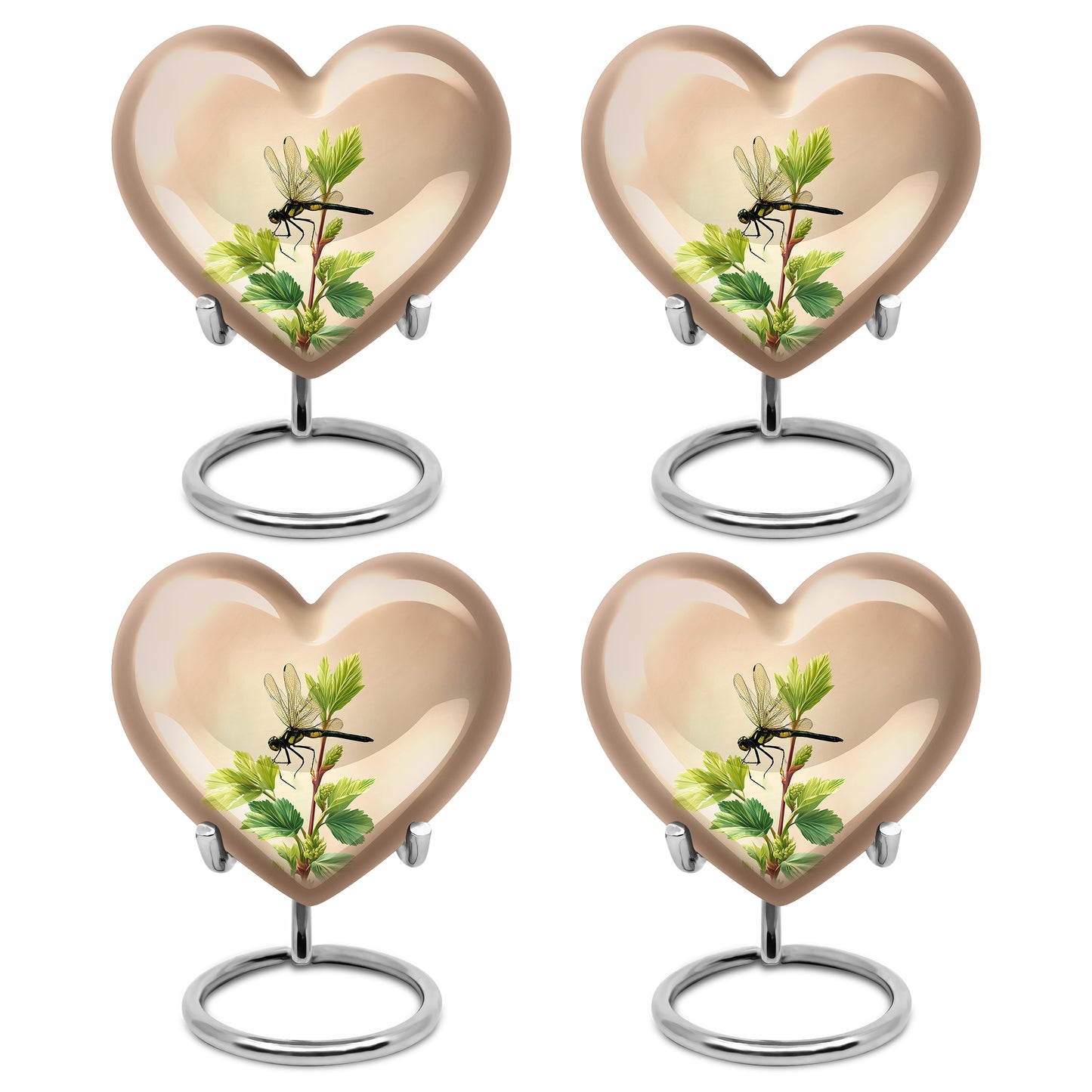 Royal Gold Dragonfly Cremation Urn angled view of lid and engraved motif - compassionate heart-dragonfly combination with gentle curves - 10 inch aluminum urn for cremated remains