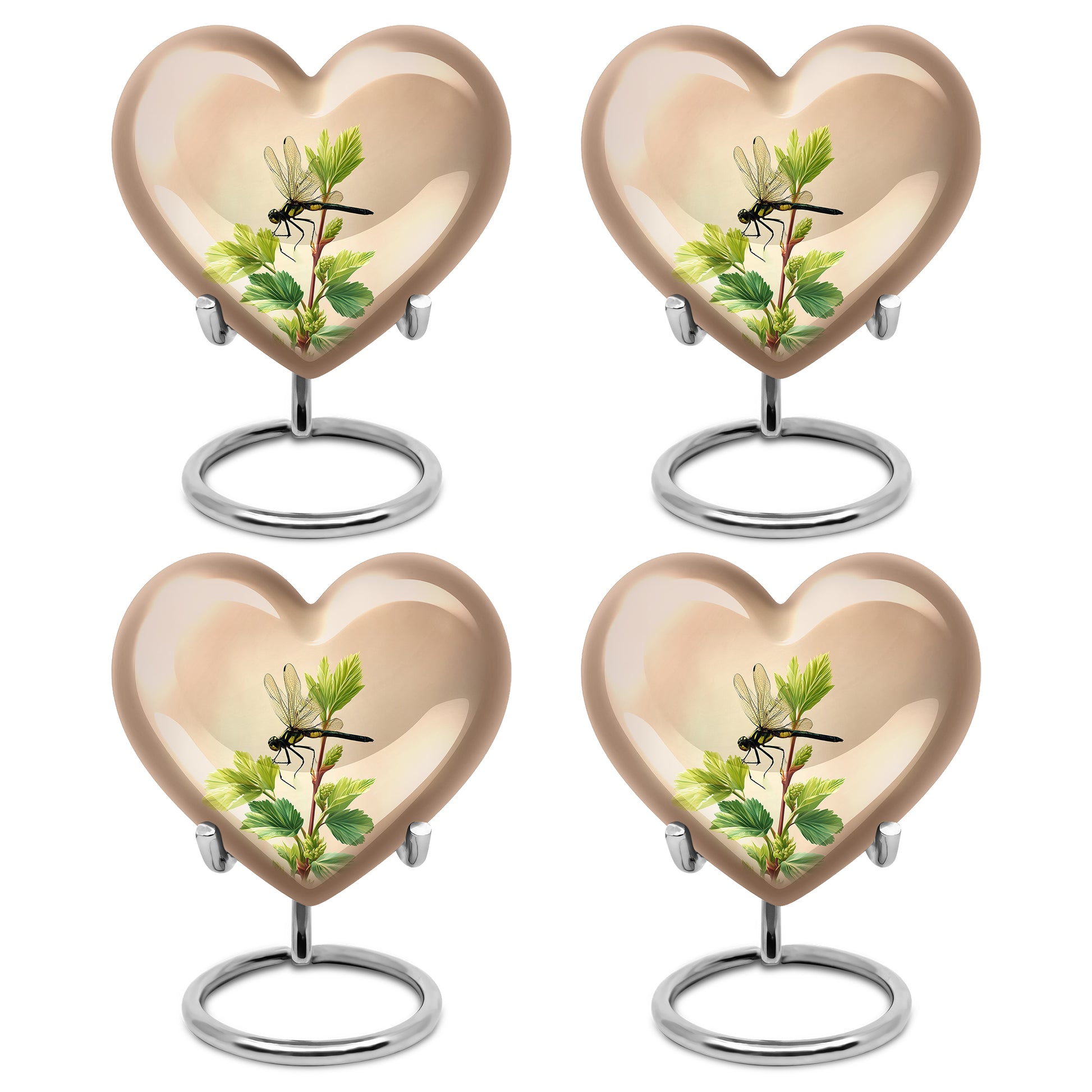 Royal Gold Dragonfly Cremation Urn angled view of lid and engraved motif - compassionate heart-dragonfly combination with gentle curves - 10 inch aluminum urn for cremated remains
