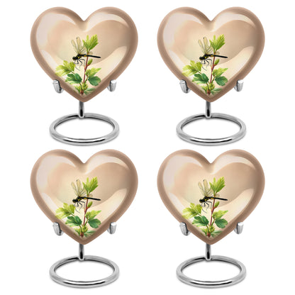 Royal Gold Dragonfly Cremation Urn angled view of lid and engraved motif - compassionate heart-dragonfly combination with gentle curves - 10 inch aluminum urn for cremated remains
