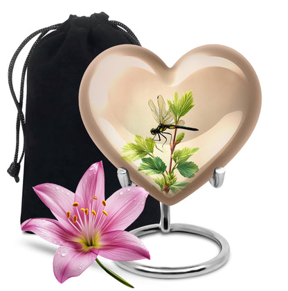 Warm Gold Dragonfly Cremation Urn detail view - romantic heart urn with dragonfly motif on aluminum - full-size 10 inch 200 cubic inch adult cremation urn