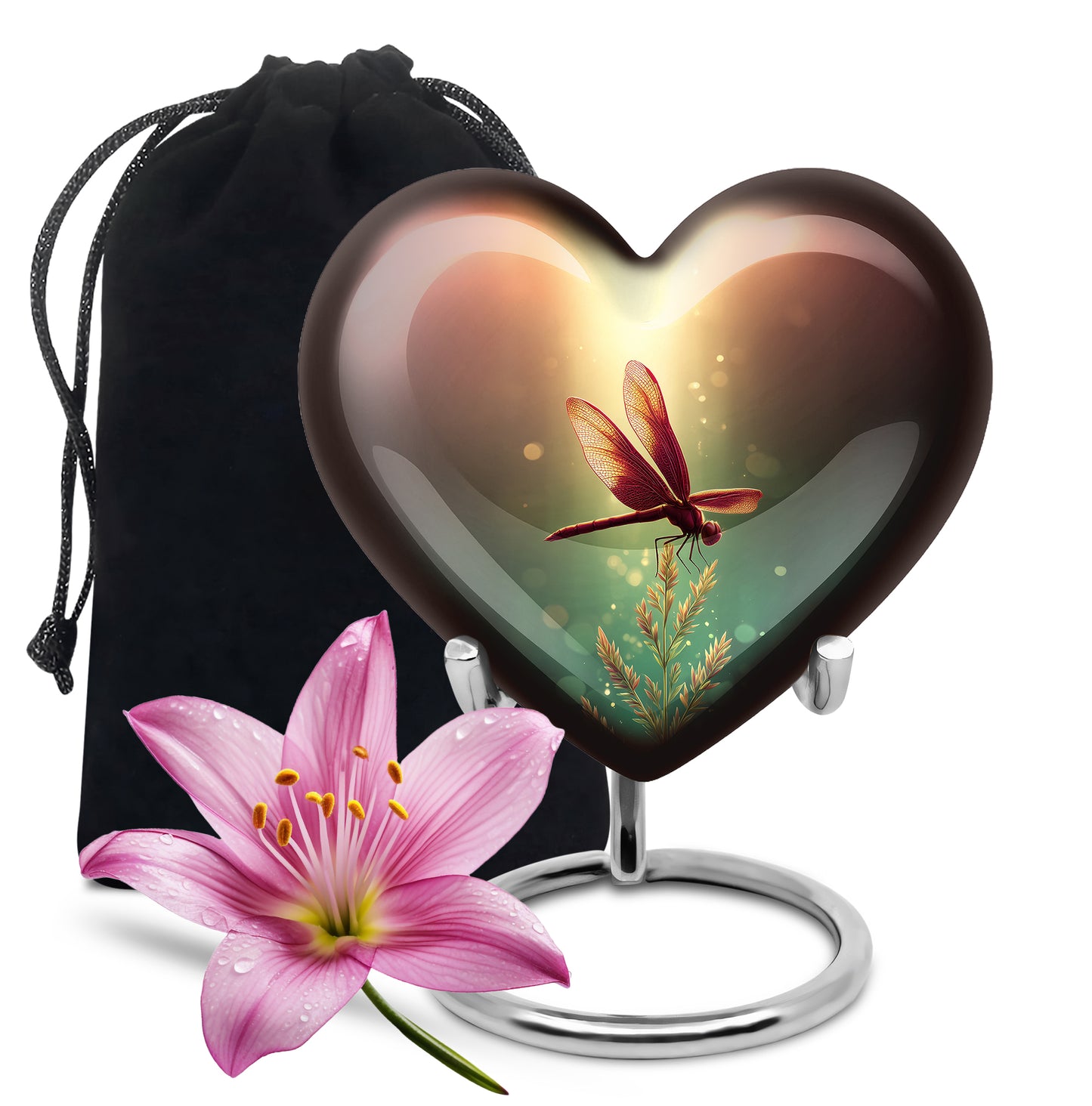 Champagne Gold Dragonfly Cremation Urn detail view - loving heart memorial featuring dragonfly pattern - full-size 10 inch 200 cubic inch adult cremation urn