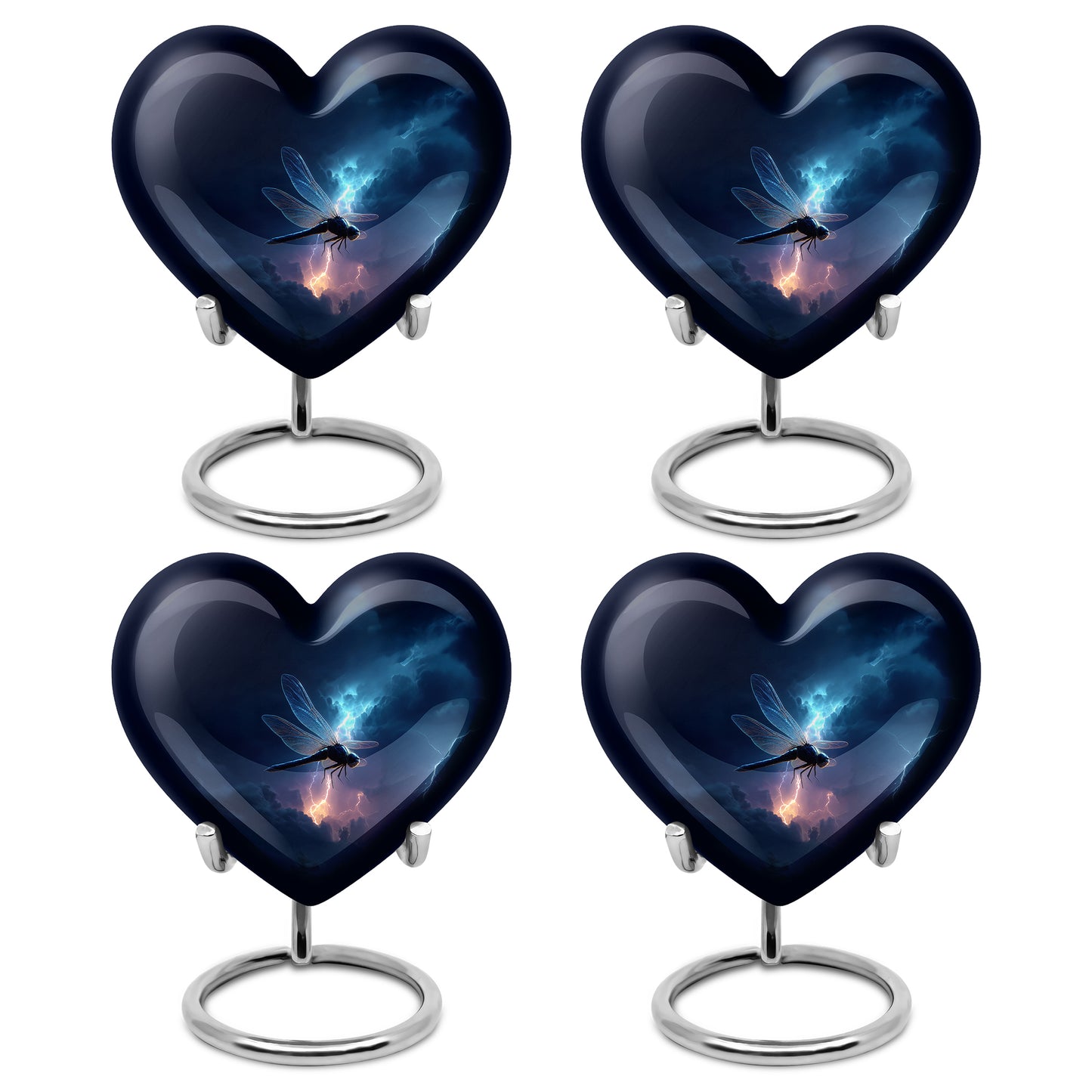 Calming Blue Dragonfly Cremation Urn angled view of lid and engraved motif - romantic heart urn with dragonfly motif on aluminum - 10 inch aluminum urn for cremated remains