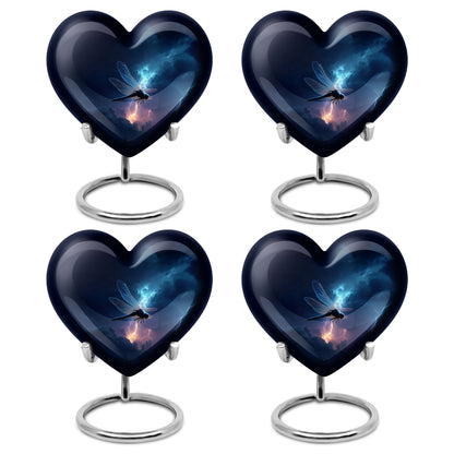 Calming Blue Dragonfly Cremation Urn angled view of lid and engraved motif - romantic heart urn with dragonfly motif on aluminum - 10 inch aluminum urn for cremated remains