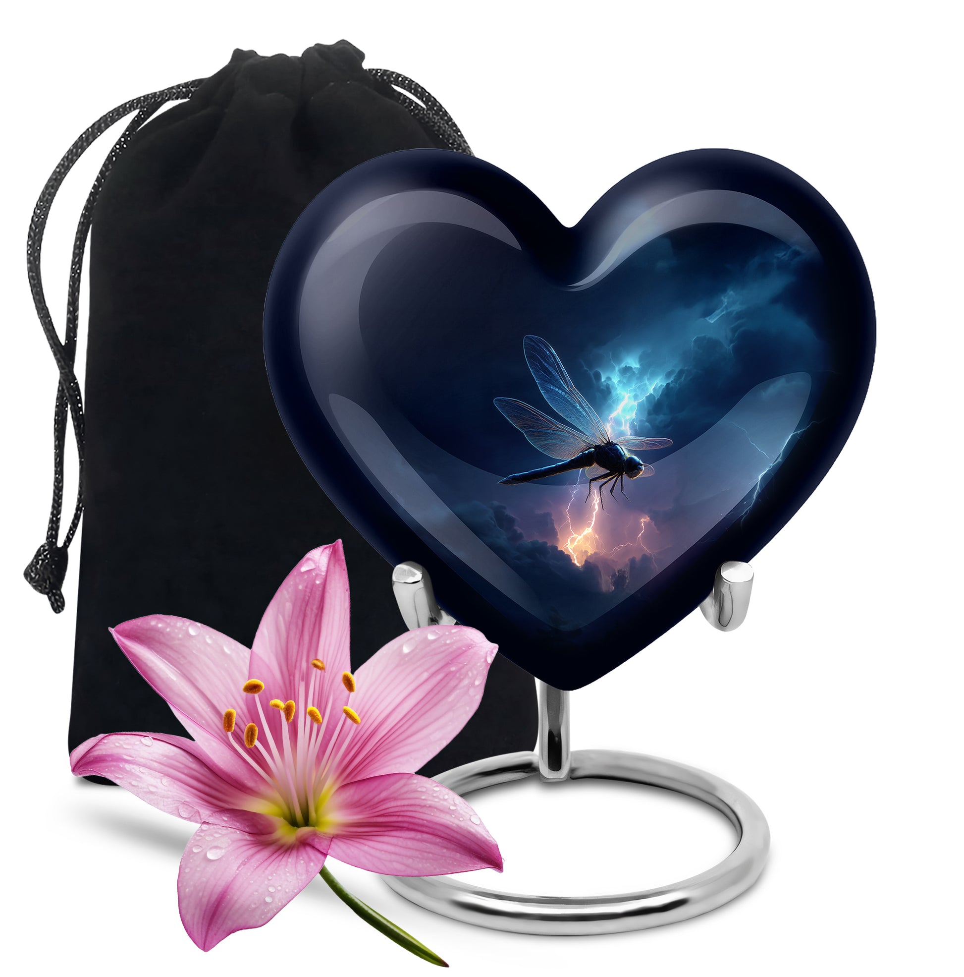 Soft Blue Dragonfly Cremation Urn detail view - compassionate heart-dragonfly combination with gentle curves - full-size 10 inch 200 cubic inch adult cremation urn
