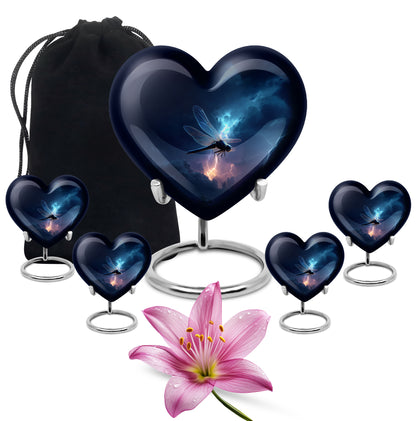 Azure Dragonfly Cremation Urn close-up of engraving and surface detail - loving heart memorial featuring dragonfly pattern - memorial set with one large and four small urns