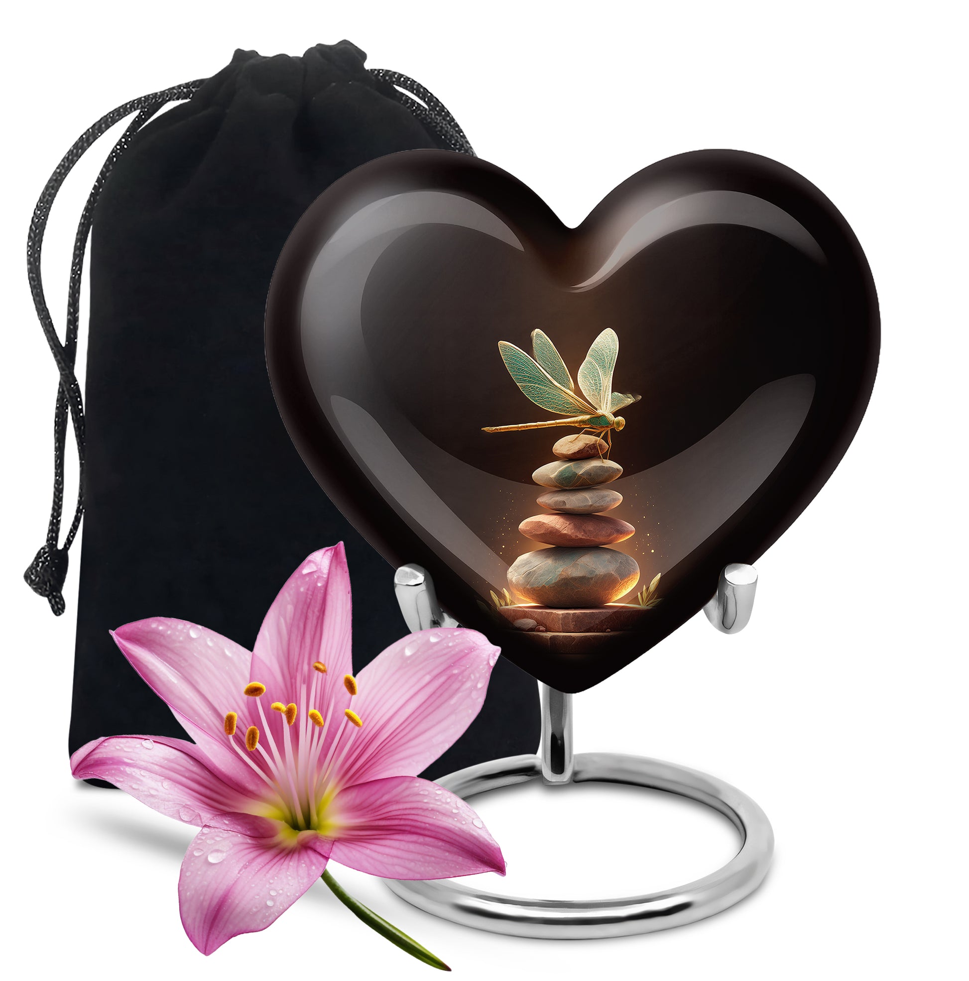 Garnet Red Dragonfly Cremation Urn detail view - loving heart memorial featuring dragonfly pattern - full-size 10 inch 200 cubic inch adult cremation urn