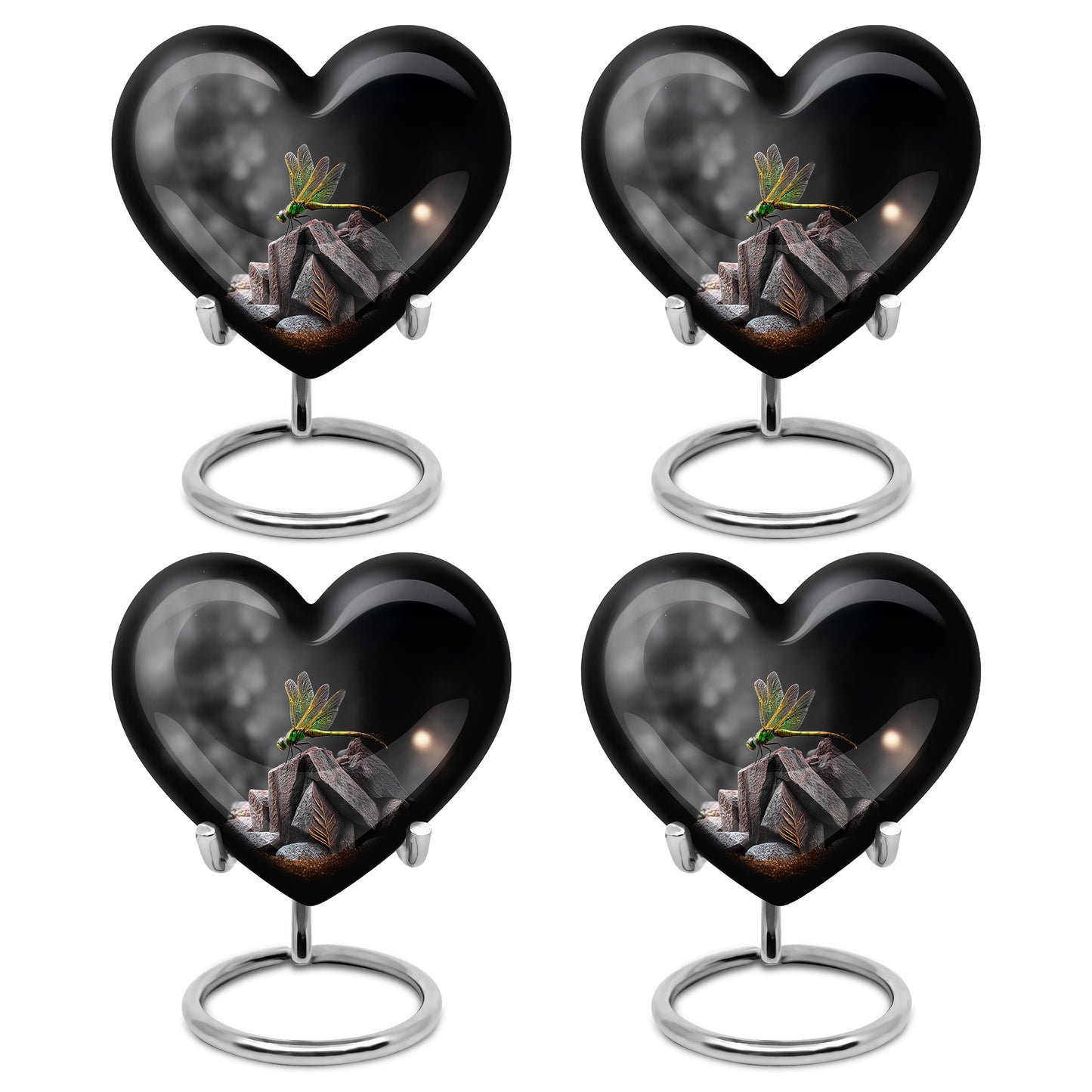 Rich Black Dragonfly Cremation Urn angled view of lid and engraved motif - loving heart memorial featuring dragonfly pattern - 10 inch aluminum urn for cremated remains